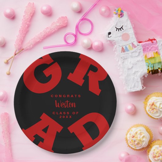 AFSTUDEERDER Scarlet Red op zwart, aangepast Afstu Papieren Bordje (Feest)