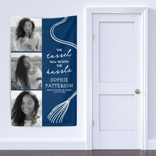 Afstudeerder Tassel 3 foto blauw Afstuderen Spandoek