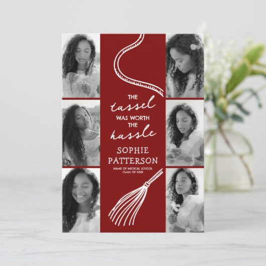Afstudeerder Tassel Foto Deep Red Graduation Party Kaart (Staand voorkant)