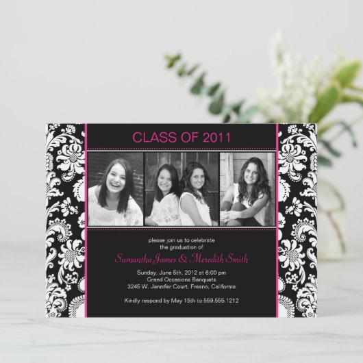 Afstudeerder van Damasstrepen - zwart/wit/Fuschia Kaart (Staand voorkant)