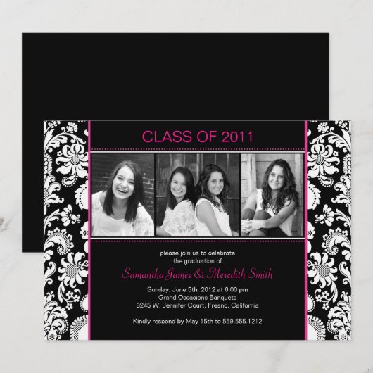 Afstudeerder van Damasstrepen - zwart/wit/Fuschia Kaart (Voorkant / Achterkant)