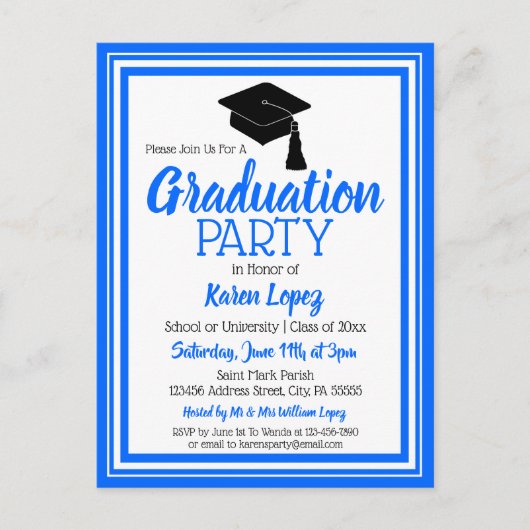 Afstudeerder voor blauwe en witte schoolkleuren uitnodiging briefkaart (Voorkant)