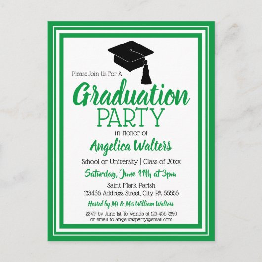 Afstudeerder voor groene en witte schoolkleuren uitnodiging briefkaart (Voorkant)