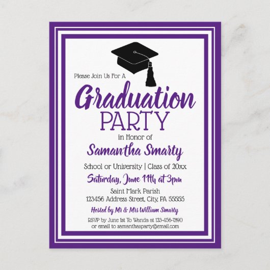Afstudeerder voor Paarse en witte schoolkleuren Uitnodiging Briefkaart (Voorkant)