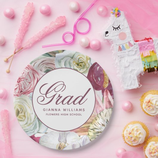 Afstudeerder Waterverf Floral Elegant modern Afstu Papieren Bordje (Feest)