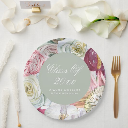 Afstudeerder Waterverf Floral Elegant modern Afstu Papieren Bordje (Huwelijk)