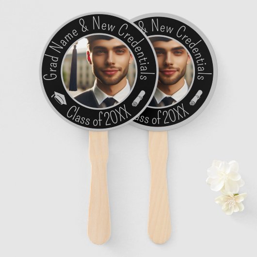 Afstudeerdop, kwastje, Diploma Zilver Zwart Foto Handwaaier (Voorkant en achterkant)
