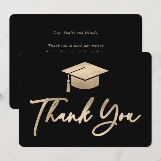 Afstudeerdop zwart en goudfolie bedankkaart (Voorkant / Achterkant)