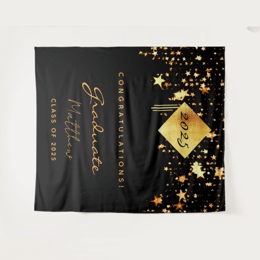 Afstudeerfeest 2023 zwart goud sterren afgestudeer wandkleed (Voorkant (horizontaal))