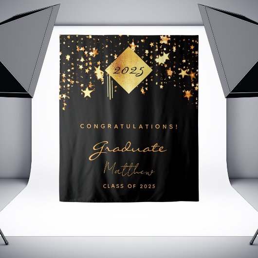 Afstudeerfeest 2023 zwart goud sterren afgestudeer wandkleed