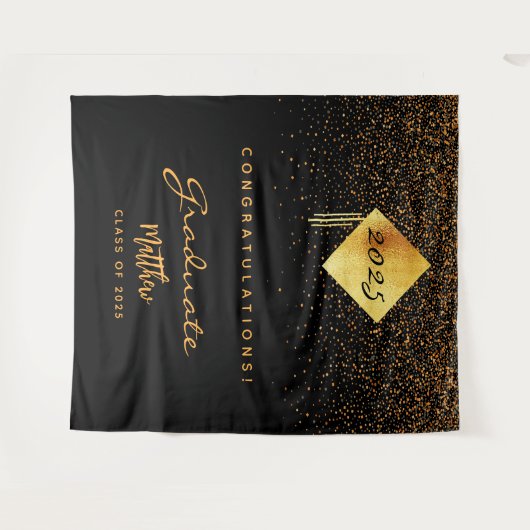 Afstudeerfeest 2023 zwart gouden confetti afgestud wandkleed (Voorkant (horizontaal))