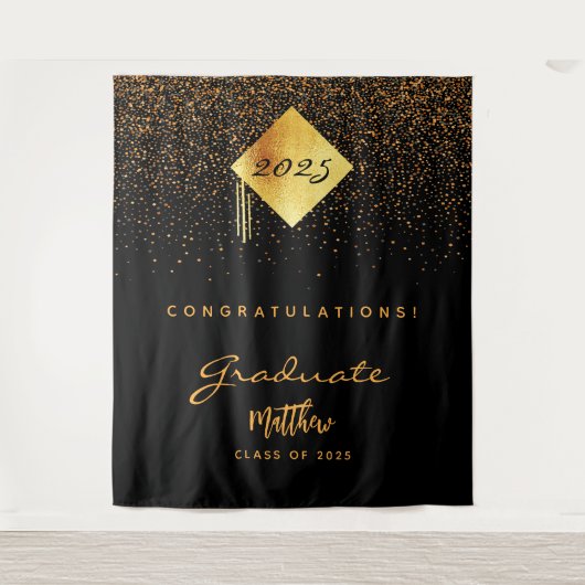 Afstudeerfeest 2023 zwart gouden confetti afgestud wandkleed (Voorkant)
