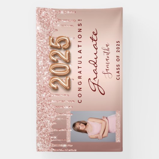 Afstudeerfeest 2025 foto roos gouden glitter drip spandoek (Verticaal)