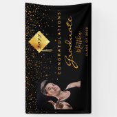 Afstudeerfeest 2025 foto zwart goud confetti spandoek (Verticaal)