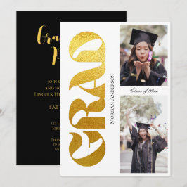 Afstudeerfeest 2 Foto Zwart en Gouden Typografie Kaart