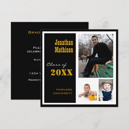 Afstudeerfeest 3 Foto zwarte uitnodiging (Voorkant / Achterkant)