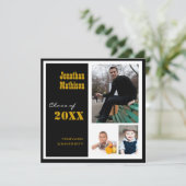 Afstudeerfeest 3 Foto zwarte uitnodiging (Staand voorkant)
