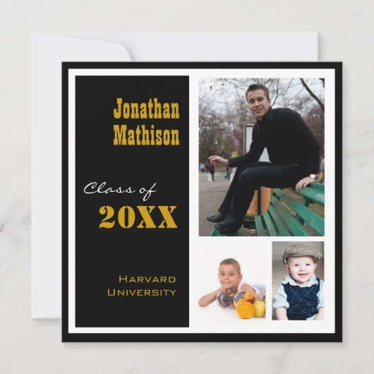 Afstudeerfeest 3 Foto zwarte uitnodiging (Voorkant)