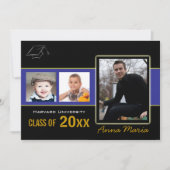 Afstudeerfeest 3 foto's blauwe uitnodiging (Voorkant)