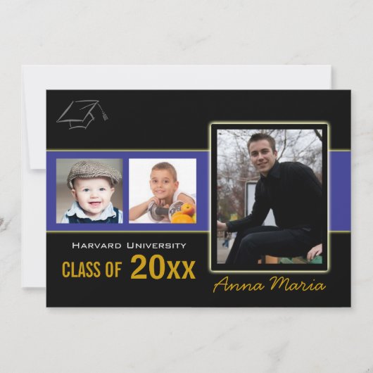 Afstudeerfeest 3 foto's blauwe uitnodiging (Voorkant)