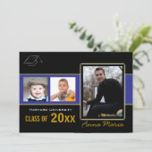 Afstudeerfeest 3 foto's blauwe uitnodiging (Staand voorkant)
