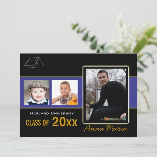 Afstudeerfeest 3 foto's blauwe uitnodiging (Staand voorkant)