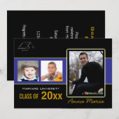 Afstudeerfeest 3 foto's blauwe uitnodiging (Voorkant / Achterkant)