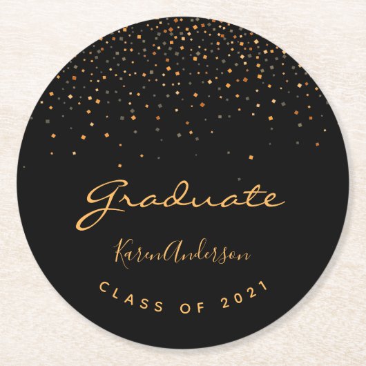 Afstudeerfeest afgestudeerde zwart goud ronde kartonnen onderzetter (Voorkant)