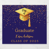 Afstudeerfeest afstuderen blauw goud pet 2025 sparkling wijnetiket (Enkel label)