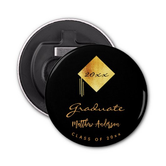 Afstudeerfeest afstuderen zwart goud pet 2025 button flesopener (Voorkant)