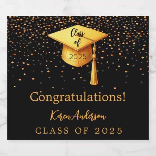 Afstudeerfeest afstuderen zwart goud pet 2025 sparkling wijnetiket (Enkel label)