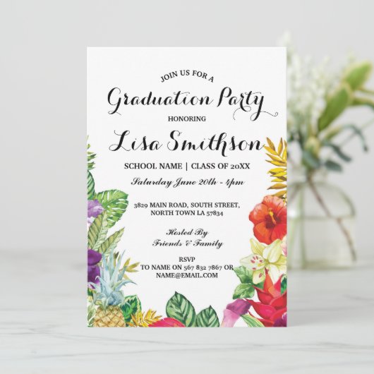 Afstudeerfeest Aloha Tropical Luau Party Uitnodige Kaart (Staand voorkant)