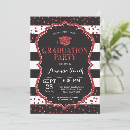 Afstudeerfeest Black and Red Glitter Uitnodiging (Staand voorkant)
