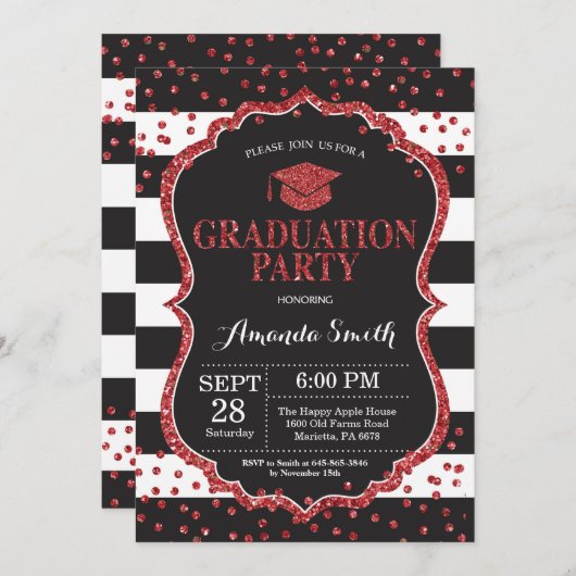 Afstudeerfeest Black and Red Glitter Uitnodiging (Voorkant / Achterkant)
