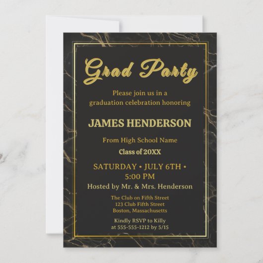 Afstudeerfeest Black Marble Calligraphy 2025 Kaart (Voorkant)