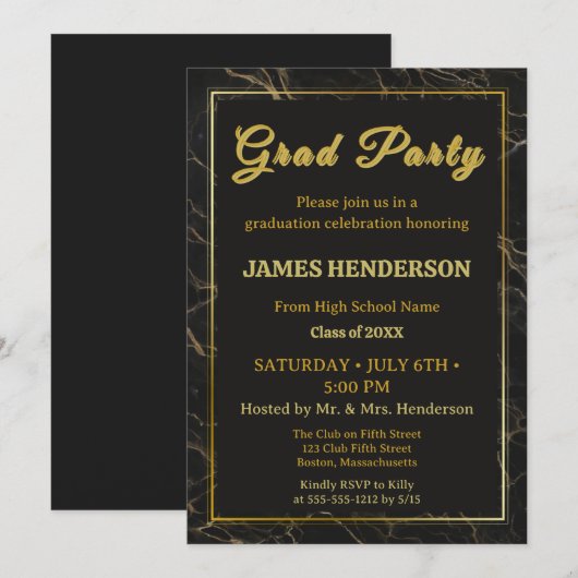 Afstudeerfeest Black Marble Calligraphy 2025 Kaart (Voorkant / Achterkant)