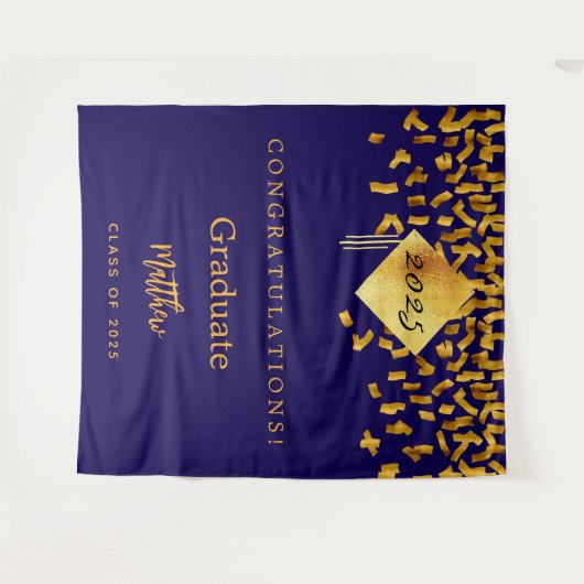 Afstudeerfeest blauw goud confetti afstuderen 2025 wandkleed (Voorkant (horizontaal))