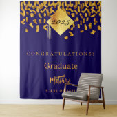 Afstudeerfeest blauw goud confetti afstuderen 2025 wandkleed (In situ)