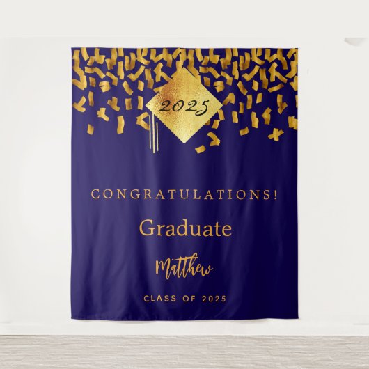 Afstudeerfeest blauw goud confetti afstuderen 2025 wandkleed (Voorkant)