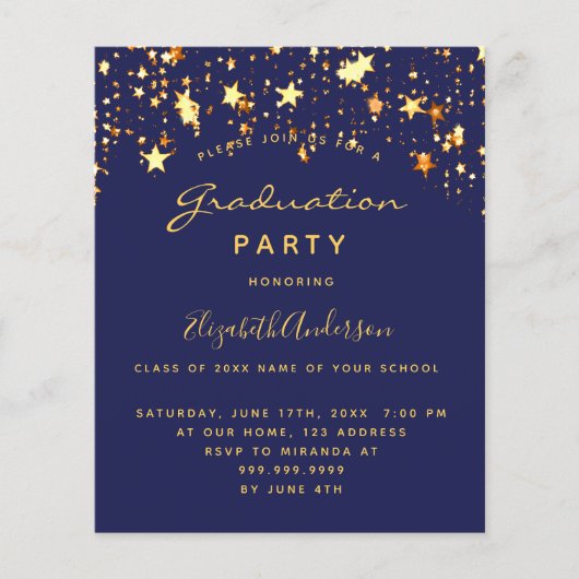 Afstudeerfeest blauw goud sterren 2025 uitnodiging (Voorkant)