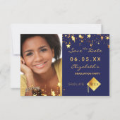 Afstudeerfeest blauw goud sterren foto 2025 save the date (Voorkant)