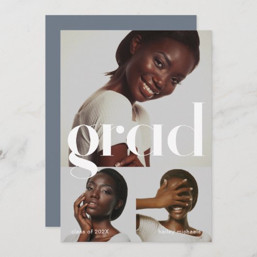 Afstudeerfeest Blauw Grijs Drie Fotocollage Kaart (Voorkant / Achterkant)