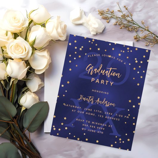 Afstudeerfeest blauw jaar budget uitnodiging flyer