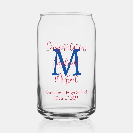 Afstudeerfeest Blauw Monogram Rood Naam Blikvorm Glas (Voorkant)