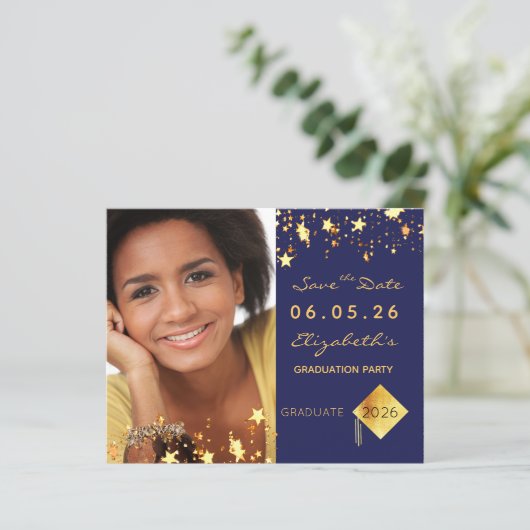 Afstudeerfeest blauw save the date card (Staand voorkant)