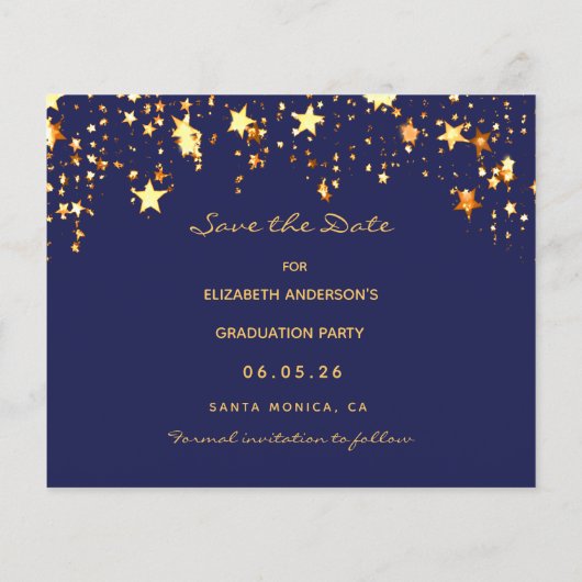 Afstudeerfeest blauw save the date card (Achterkant)