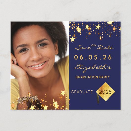 Afstudeerfeest blauw save the date card (Voorkant)