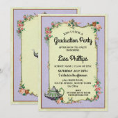 Afstudeerfeest Bloem Wonderland Theepot Uitnodigen Kaart (Voorkant / Achterkant)