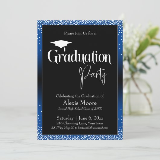 Afstudeerfeest Blue Ombre Confetti Kaart (Staand voorkant)