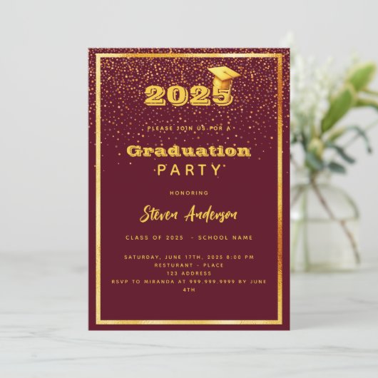Afstudeerfeest bordeaux goud 2025 kaart (Staand voorkant)